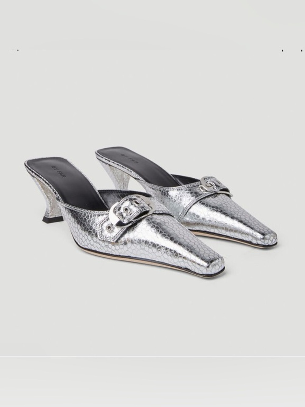 BY FAR 39 Evelyn Metallic Silver Pointed-Toe Mule Heels with Buckle